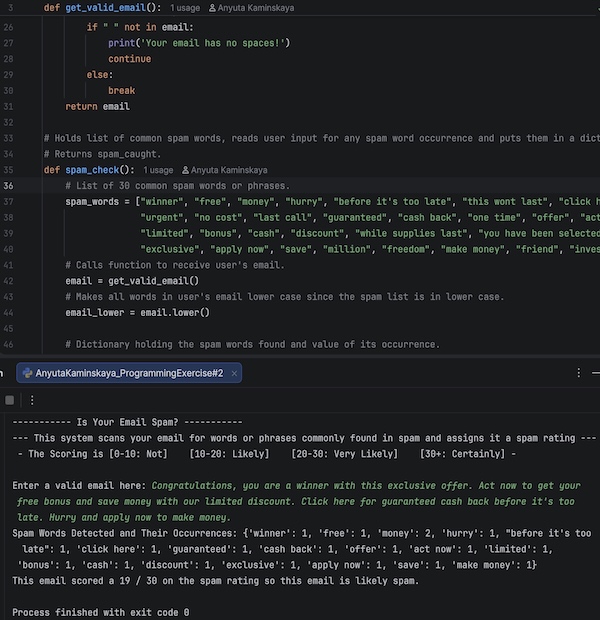 Screenshot of my spam checker program